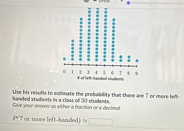 streak 
Use his results to estimate the probability that there are 7 or more left- 
handed students in a class of 30 students. 
Give your answer as either a fraction or a decimal.
P(7 ormc r ele t-handed)approx □