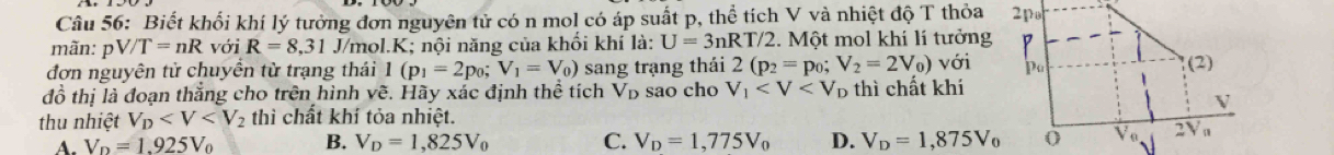 Biết khối khí lý tưởng đơn nguyên tử có n mol có áp suất p, thể tích V và nhiệt độ T thỏa 
mãn: pV/T=nR với R=8,31J/ mol. K; nội năng của khối khí là: U=3nRT/2. 2. Một mol khí lí tưởng
đơn nguyên tử chuyền từ trạng thái 1(p_1=2p_0; V_1=V_0) sang trạng thái 2(p_2=p_0; V_2=2V_0) với
đồ thị là đoạn thắng cho trên hình vẽ. Hãy xác định thể tích Vp sao cho V_1
thu nhiệt V_D thì chất khí tỏa nhiệt. thì chất khí
A. V_D=1.925V_0 B. V_D=1,825V_0 C. V_D=1,775V_0 D. V_D=1,875V_0
'√