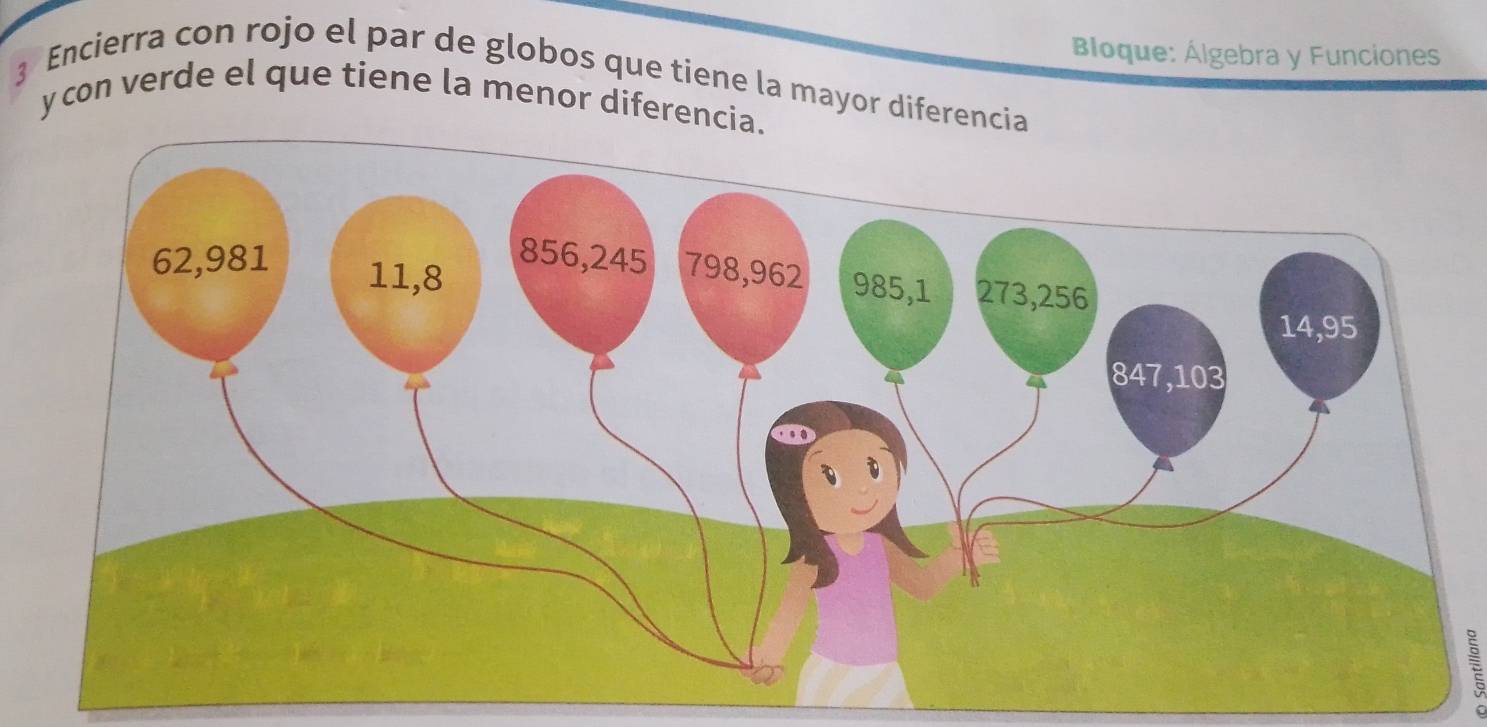 Bloque: Álgebra y Funciones 
3 Encierra con rojo el par de globos que tiene la mayor diferencia 
y con verde el que tiene la menor diferencia.