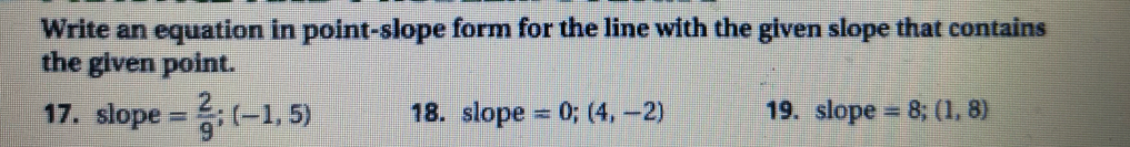 Solved: Write an equation in point-slope form for the line with the ...