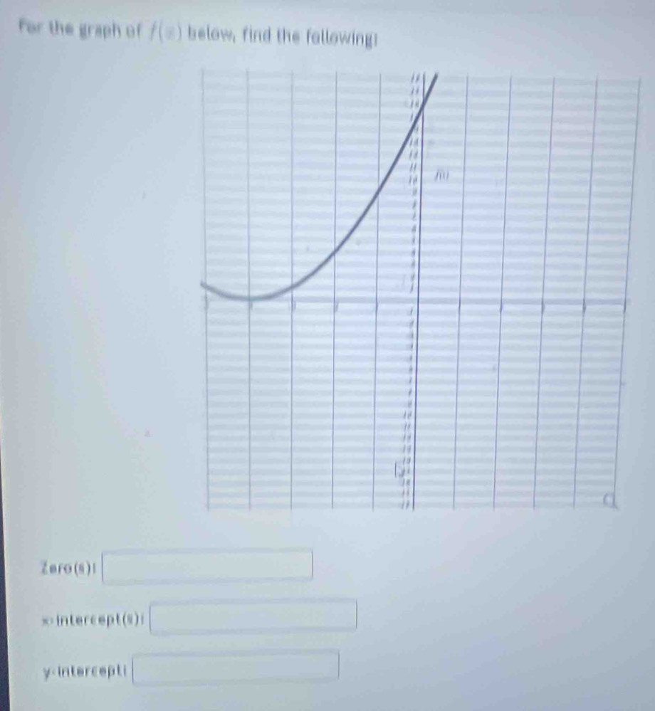 for the graph of f(x) below, find the following: 
Le_1 o (8) □
x=int ercept(s) □
y