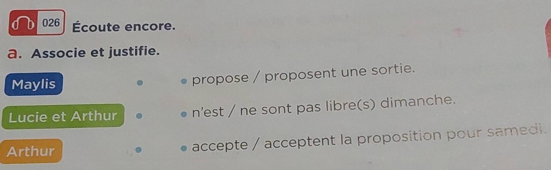 026 Écoute encore. 
a. Associe et justifie. 
Maylis 
propose / proposent une sortie. 
Lucie et Arthur 
n'est / ne sont pas libre(s) dimanche. 
Arthur 
accepte / acceptent la proposition pour samedi.