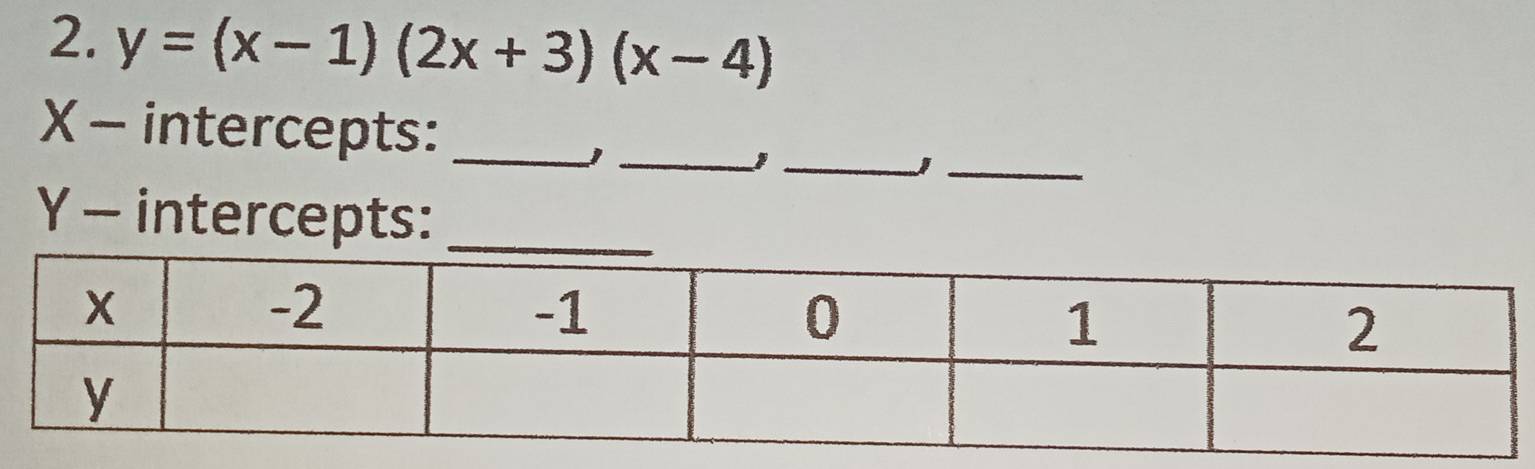 y=(x-1)(2x+3)(x-4)
X - intercepts:_ 
_ 
__J
Y - intercepts:_