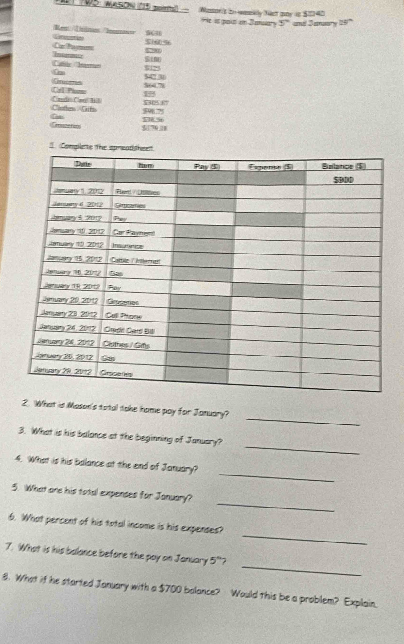 TWO: MASON (15 poirs)) Masoris tn wessily Niet may in $040
He is paio em Sanuar 5° and Jamuary 12°
Bes/ Tme Iomm
C  516056
=aPaymen 5290
Incurence
Catole  nterce $125
542 30
Cnucenes 564/78
Céll Pine
Caele Caél Hil $5 4
Cluthns  Giffs 39875
%38.56
ecnvercos
1. Complete t
_
2. What is Mason's total take home pay for January?
_
3. What is his balance at the beginning of January?
_
4. What is his balance at the end of January?
_
5. What are his total expenses for January?
_
6. What percent of his total income is his expenses?
_
7. What is his balance before the pay on January 5°
8. What if he started January with a $700 balance? Would this be a problem? Explain