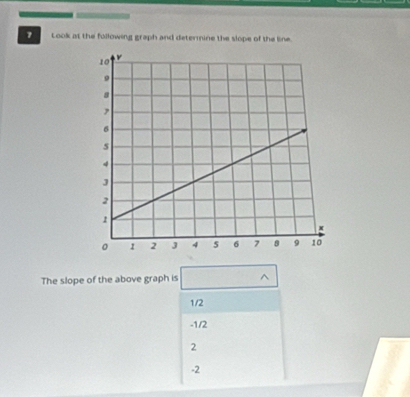 Look at the following graph and determine the slope of the line.
The slope of the above graph is ^
1/2
-1/2
2
-2