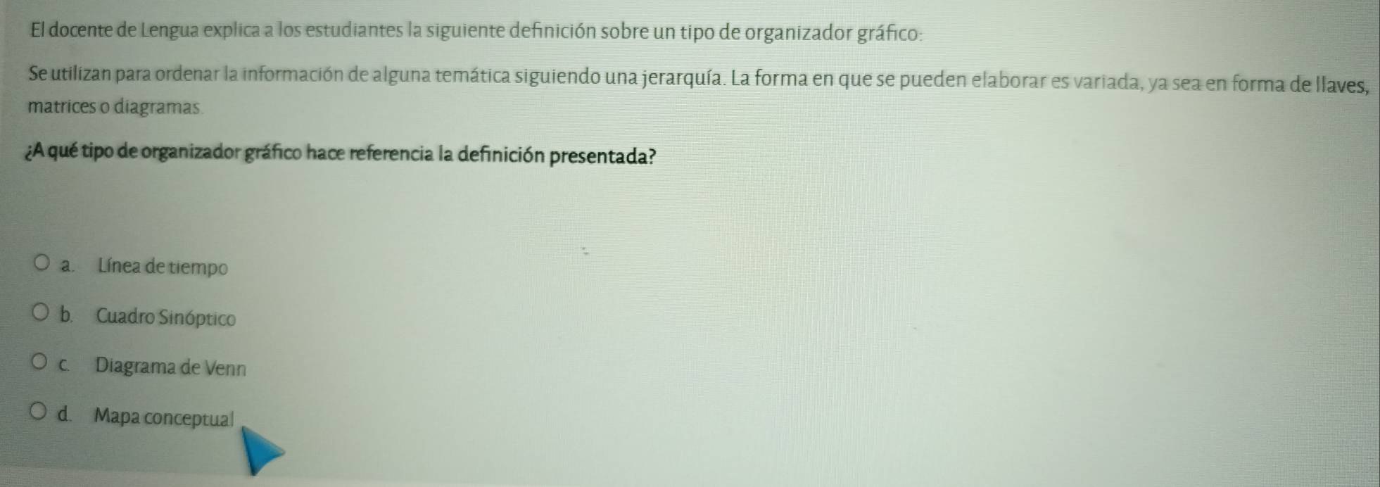 El docente de Lengua explica a los estudiantes la siguiente definición sobre un tipo de organizador gráfico:
Se utilizan para ordenar la información de alguna temática siguiendo una jerarquía. La forma en que se pueden elaborar es variada, ya sea en forma de llaves,
matrices o diagramas.
¿A qué tipo de organizador gráfico hace referencia la definición presentada?
a. Línea de tiempo
b. Cuadro Sinóptico
c. Diagrama de Venn
d. Mapa conceptual