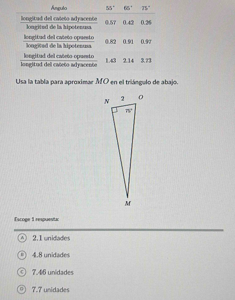 Usa la tabla para aproximar MO en el triángulo de abajo.
Escoge 1 respuesta:
2.1 unidades
4.8 unidades
7.46 unidades
7.7 unidades