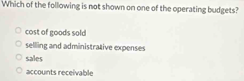 Which of the following is not shown on one of the operating budgets?
cost of goods sold
selling and administrative expenses
sales
accounts receivable