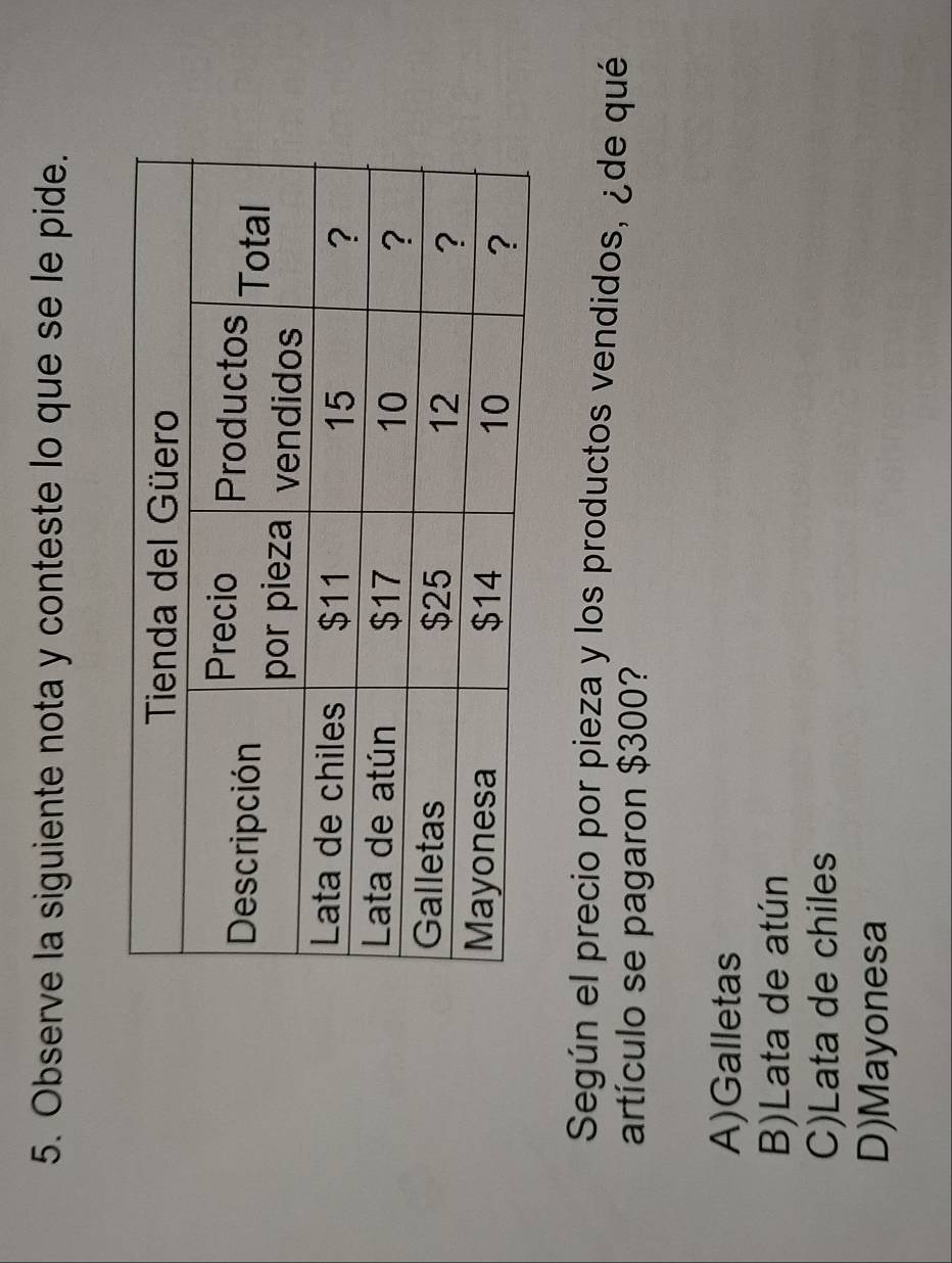 Observe la siguiente nota y conteste lo que se le pide.
Según el precio por pieza y los productos vendidos, ¿de qué
artículo se pagaron $300?
A)Galletas
B)Lata de atún
C)Lata de chiles
D)Mayonesa