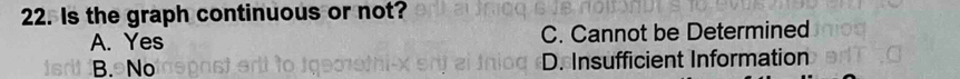 Is the graph continuous or not?
A. Yes C. Cannot be Determined
B. No D. Insufficient Information