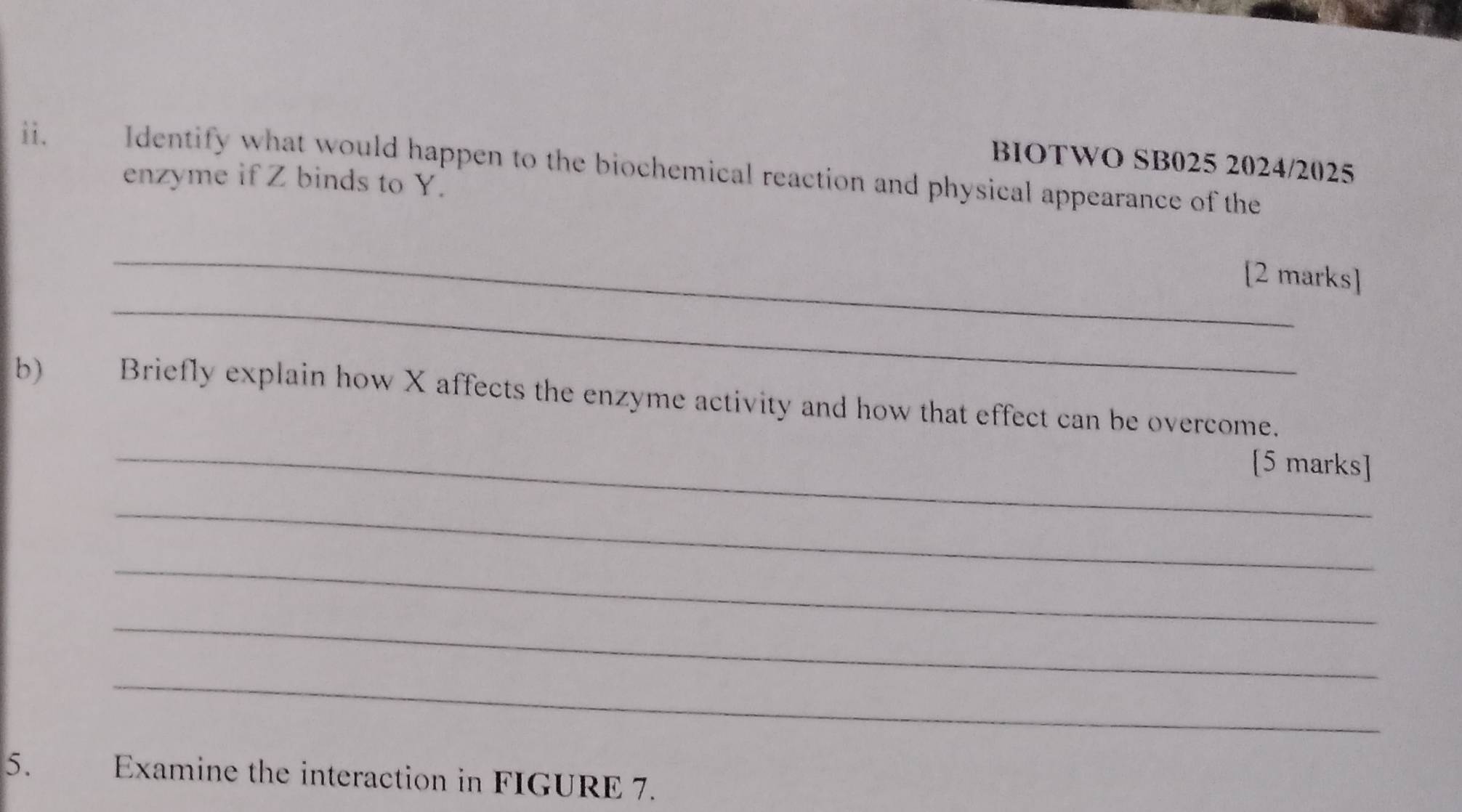 BIOTWO SB025 2024/2025 
ii. Identify what would happen to the biochemical reaction and physical appearance of the 
enzyme if Z binds to Y. 
_ 
_ 
[2 marks] 
b) Briefly explain how X affects the enzyme activity and how that effect can be overcome. 
_ 
[5 marks] 
_ 
_ 
_ 
_ 
5. Examine the interaction in FIGURE 7.