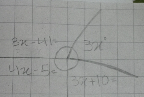 8x-41= 3x°
4x-5=
3x+10=