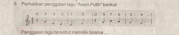 Perhatikan penggalan lagu ''Awan Putih'' berikut. 
Penggalan lagu tersebut memiliki birama ....