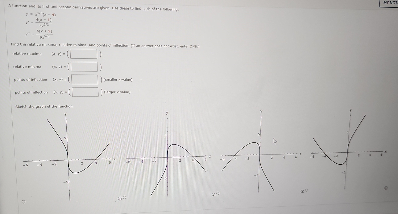 MY NOTI
A function and its first and second derivatives are given. Use these to find each of the following.
y=x^(1/3)(x-4)
y'= (4(x-1))/3x^(2/3) 
y''= (4(x+2))/9x^(5/3) 
Find the relative maxima, relative minima, and points of inflection. (If an answer does not exist, enter DNE.)
relative maxima (x,y)=(□ )
relative minima (x,y)=(□ )
points of inflection (x,y)=(□ ) (smaller x-value)
points of inflection (x,y)=(□ ) (larger x-value)
Sketch the graph of the function.