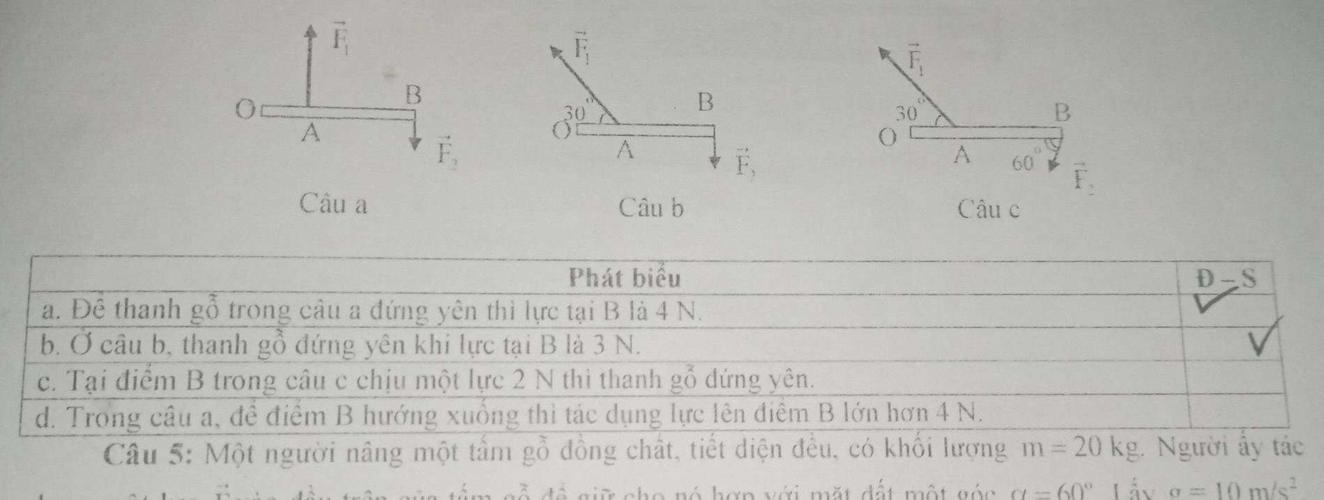 vector F_1
vector F_1
vector F_1
B
O
30°
B
30°
B
A
vector F_2
O
A
O
vector F,
A 60° vector F_2
Câu a Câu b Câu c
Câ
*  đ ể  g ữ cho nó hợn với mặt đất một góc alpha =60° Lấy sigma =10m/s^2