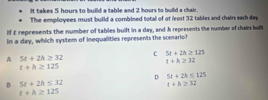 It takes 5 hours to build a table and 2 hours to build a chair.
The employees must build a combined total of at least 32 tables and chairs each day.
If t represents the number of tables built in a day, and h represents the number of chairs built
in a day, which system of inequalities represents the scenario?
C 5t+2h≥ 125
A 5t+2h≥ 32
t+h≥ 32
t+h≥ 125
D 5t+2h≤ 125
B 5t+2h≤ 32
t+h≥ 32
t+h≥ 125