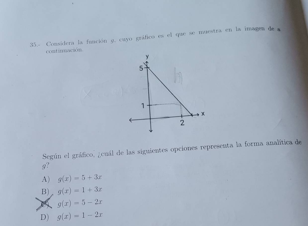 35.- Considera la función g, cuyo gráfico es el que se muestra en la imagen de a
continuación.
Según el gráfico, ¿cuál de las siguientes opciones representa la forma analítica de
g?
A) g(x)=5+3x
B) g(x)=1+3x
g(x)=5-2x
D) g(x)=1-2x