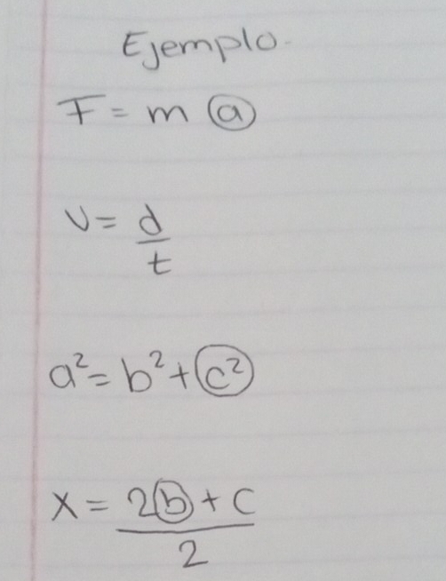 Ejemplo
F=m(a)
v= d/t 
a^2=b^2+c^2
x=frac 2boxed b+c2