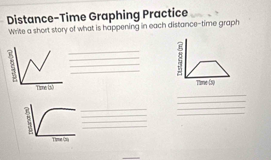 Distance-Time Graphing Practice 
Write a short story of what is happening in each distance-time graph 
_ 
_ 
_ 
_ 
_ 
_ 
_ 
_ 
_ 
_ 
_ 
_ 
Time (s) 
_