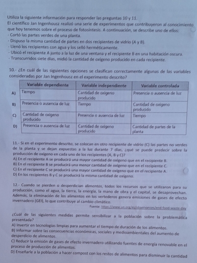 Utiliza la siguiente información para responder las preguntas 10 y 11.
El científico Jan Ingenhousz realizó una serie de experimentos que contribuyeron al conocimiento
que hoy tenemos sobre el proceso de fotosíntesis. A continuación, se describe uno de ellos:
- Cortó las partes verdes de una planta.
- Dispuso la misma cantidad de partes en dos recipientes de vídrio (A γ B).
- Llenó los recipientes con agua y los selló herméticamente.
- Ubicó el recipiente A junto a la luz de una ventana y el recipiente B en una habitación oscura.
- Transcurridos siete días, midió la cantidad de oxígeno producido en cada recipiente.
10.- ¿En cuál de las siguientes opciones se clasifican correctamente algunas de las variables
consideradas por Jan Ingenhousz en el experimento descrito?
11.- Si en el experimento descrito, se colocan en otro recipiente de vídrio (C) las partes no verdes
de la planta y se dejan expuestas a la luz durante 7 días, ¿qué se puede predecir sobre la
producción de oxígeno en cada uno de los recipientes (A, B γ C)?
A) En el recipiente A se producirá una mayor cantidad de oxigeno que en el recipiente B.
B) En el recipiente B se producirá una menor cantidad de oxígeno que en el recipiente C.
C) En el recipiente C se producirá una mayor cantidad de oxígeno que en el recipiente A.
D) En los recipientes B y C se producirá la misma cantidad de oxígeno.
12.- Cuando se pierden o desperdician alimentos, todos los recursos que se utilizaron para su
producción, como el agua, la tierra, la energía, la mano de obra y el capital, se desaprovechan.
Además, la eliminación de los alimentos en los vertederos genera emisiones de gases de efecto
invernadero (GEI), lo que contribuye al cambio climático. Fuente: https://www.un.ong/es/observances/end-food-waste-day
¿Cuál de las siguientes medidas permite sensibilizar a la población sobre la problemática
presentada
A) Invertir en tecnologías limpías para aumentar el tiempo de duración de los alimentos.
B) informar sobre las consecuencias económicas, sociales y medioambientales del aumento de
desperdicio de alimentos
C) Reducir la emisión de gases de efecto invernadero utilizando fuentes de energía renovable en el
proceso de producción de alimentos
D) Enseñarle a la población a hacer compost con los restos de alimentos para disminuir la cantidad