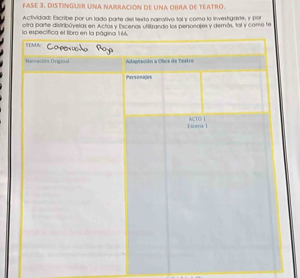 FASE 3. DISTINGUIR UNA NARRACION DE UNA OBRA DE TEATRO. 
Actividad: Escribe por un lado parte del texto narrativo tal y como lo investigaste, y por 
otra parte distribúyelas en Actos y Escenas utilizando los personajes y demás, tal y como te