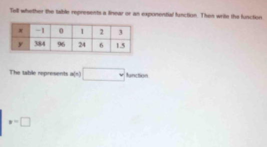 Tell whether the table represents a finear or an exponential function. Then write the function. 
The table represents a(n)□ hinction.
y=□