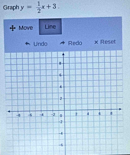 Graph y= 1/2 x+3. 
Move Line 
Undo Redo × Reset