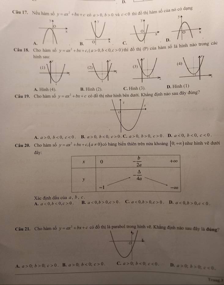 Nếu hàm số y=ax^2+bx+cc6a>0,b>0 và c<0</tex> thì đồ thị hàm số của nó có dạng
D
C
Câu 18. Cho hàm số y=ax^2+bx+c,(a>0,b<0,c>0) thì đồ thị (P) của hàm số là hình nào trong các
hinh sau:
A. Hinh (4). B. Hinh (2). C. Hình (3). D. Hình (1)
Câu 19. Cho hàm số y=ax^2+bx+c có đồ thị như hình bên dưới. Khẳng định nào sau đây đúng?
A. a>0,b<0,c<0</tex> B. a>0,b<0,c>0 ,( a>0,b>0,c>0. D. a<0,b<0,c<0.
Câu 20. Cho hàm số y=ax^2+bx+c,(a!= 0) có bảng biển thiên trên nửa khoảng [0;+∈fty ) như hình vẽ dưới
đây:
Xác định đấu của α, b , c.
A. a<0,b<0,c>0. B. a<0,b>0,c>0 C. a<0,b>0,c>0. D. a<0,b>0,c<0.
Câu 21. Cho hàm số y=ax^2+bx+c có đồ thị là parabol trong hình vẽ. Khẳng định nào sau đây là đúng?
A. a>0;b>0;c>0. B. a>0;b<0;c>0. C. a>0;b<0;c<0. D. a>0;b>0;c<0.
Trang 3