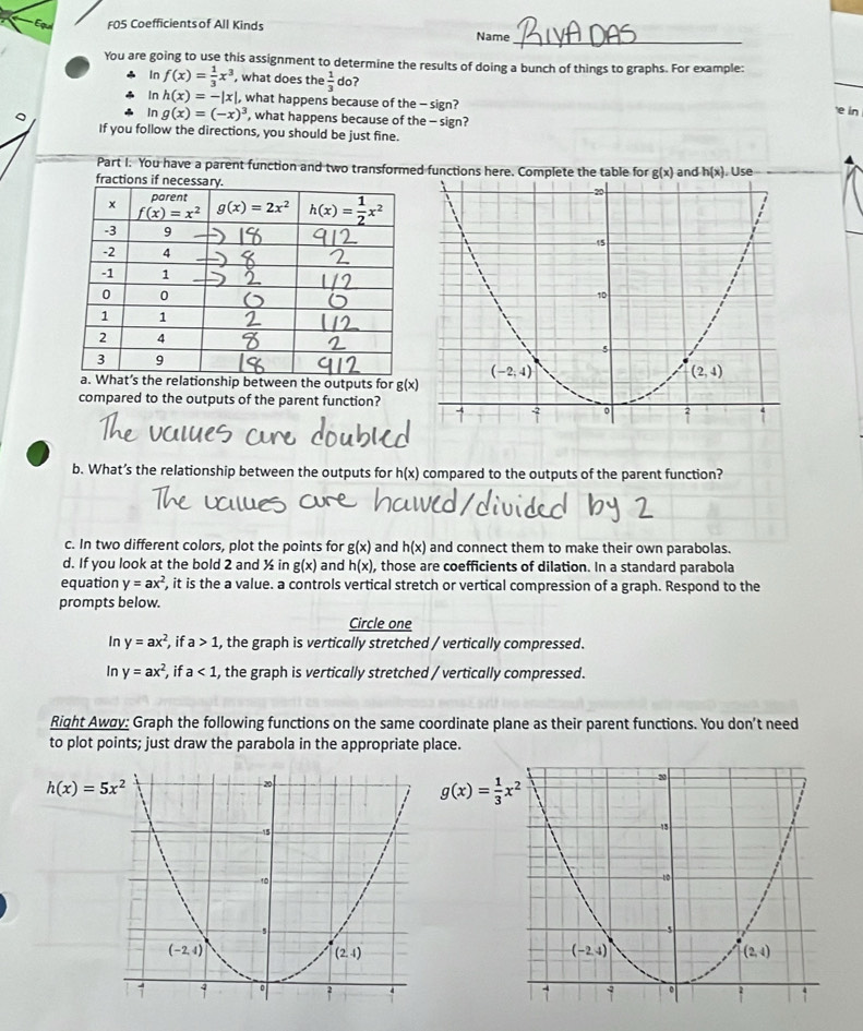 Equil F05 Coefficients of All Kinds
Name_
You are going to use this assignment to determine the results of doing a bunch of things to graphs. For example:
In f(x)= 1/3 x^3 , what does the  1/3  doʔ
In h(x)=-|x| , what happens because of the - sign? e in
In g(x)=(-x)^3 , what happens because of the - sign?
If you follow the directions, you should be just fine.
Part I. You have a parent function and two transformed functions here. Complete the table for g(x)
and h(x). Use
e outputs for g(x)
compared to the outputs of the parent function?
b. What’s the relationship between the outputs for h(x) compared to the outputs of the parent function?
c. In two different colors, plot the points for g(x) and h(x) and connect them to make their own parabolas.
d. If you look at the bold 2 and ½ in g(x) and h(x) , those are coefficients of dilation. In a standard parabola
equation y=ax^2 , it is the a value. a controls vertical stretch or vertical compression of a graph. Respond to the
prompts below.
Circle one
In y=ax^2 if a 1 , the graph is vertically stretched / vertically compressed.
In y=ax^2 if a<1</tex> , the graph is vertically stretched / vertically compressed.
Right Awøy: Graph the following functions on the same coordinate plane as their parent functions. You don’t need
to plot points; just draw the parabola in the appropriate place.
h(x)=5x^2
g(x)= 1/3 x^2