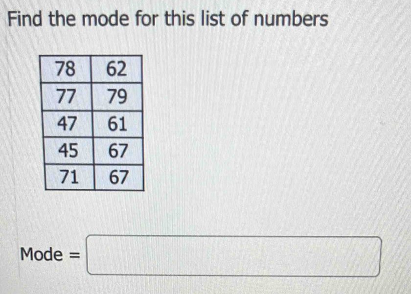 Find the mode for this list of numbers
Mode=□