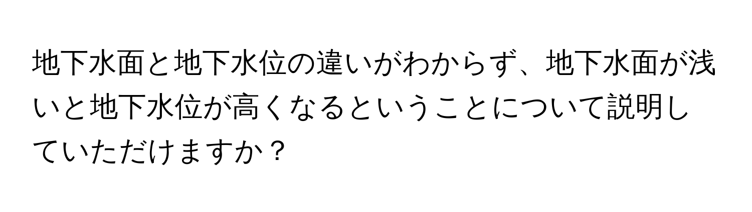 地下水面と地下水位の違いがわからず、地下水面が浅いと地下水位が高くなるということについて説明していただけますか？