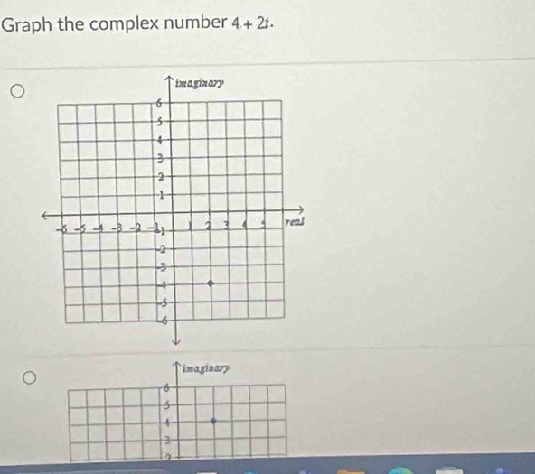 Graph the complex number 4+2t. 
imaginary
6
5
4
3