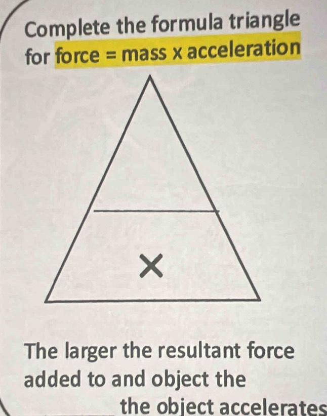 Complete the formula triangle 
for force = mass x acceleration 
The larger the resultant force 
added to and object the 
the object accelerates