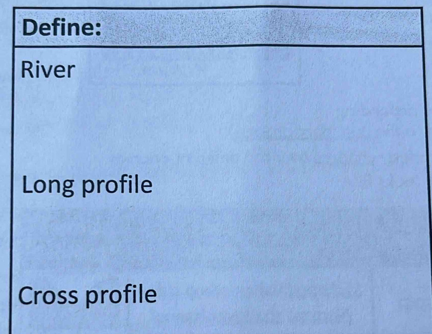 Define: 
River 
Long profile 
Cross profile