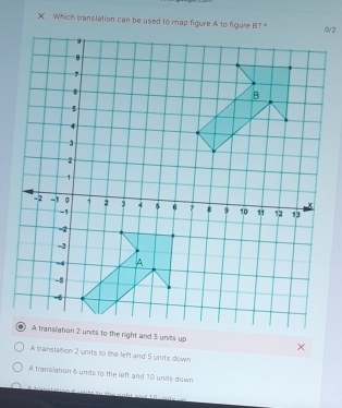 Which translation can be used to map figure A to figure B? "
A translation 2 units to the left and 5 units down
A translation 6units to the left and 10 units down