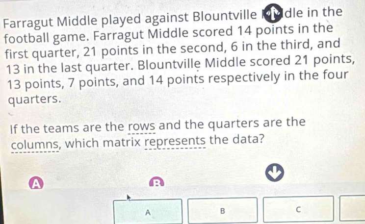 Farragut Middle played against Blountville Middle in the 
football game. Farragut Middle scored 14 points in the 
first quarter, 21 points in the second, 6 in the third, and
13 in the last quarter. Blountville Middle scored 21 points,
13 points, 7 points, and 14 points respectively in the four 
quarters. 
If the teams are the rows and the quarters are the 
columns, which matrix represents the data? 
A 
A 
B 
C
