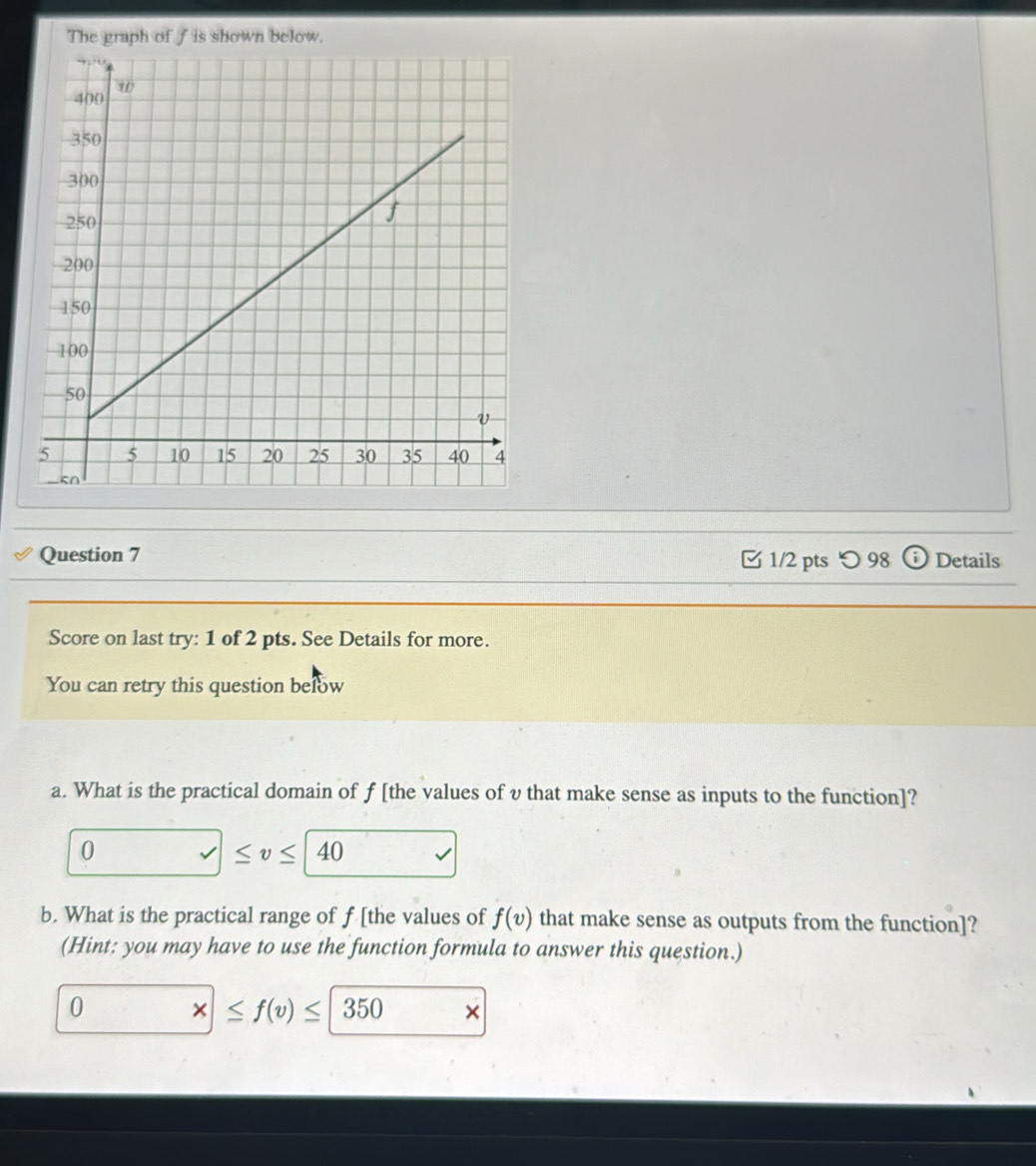 The graph of f is shown below. 
Question 7 1/2 pts つ 98  enclosecirclei Details 
Score on last try: 1 of 2 pts. See Details for more. 
You can retry this question below 
a. What is the practical domain of f [the values of v that make sense as inputs to the function]? 
0
≤ v≤ 40
b. What is the practical range of f [the values of f(v) that make sense as outputs from the function]? 
(Hint: you may have to use the function formula to answer this question.) 
0 * ≤ f(v)≤ 350 ×