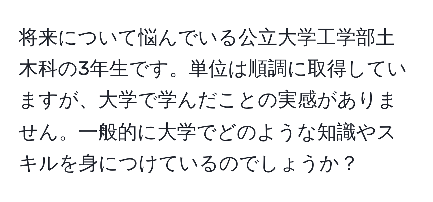 将来について悩んでいる公立大学工学部土木科の3年生です。単位は順調に取得していますが、大学で学んだことの実感がありません。一般的に大学でどのような知識やスキルを身につけているのでしょうか？