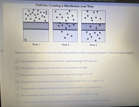 Particles Crossing a Membrane over Time
.
. .
Time 1 Time 2 Time 3
Select all of the statements that describe the particles or their movement based on the time-lapse diagram.
A The movement across the membrane requires energy from glucose.
# The particles crossing the membrane do not have a charge.
c The movement across the membrane requires energy from ATP.
0 The particles crossing the membrane could be water (H2O) or oxygen (O2).
€ The particles crossing the membrane could be proteins or carbohydrates.
# The movement across the membrane does not require added energy.
@ | The particles crossing the membrane have a strong positive or negative charge