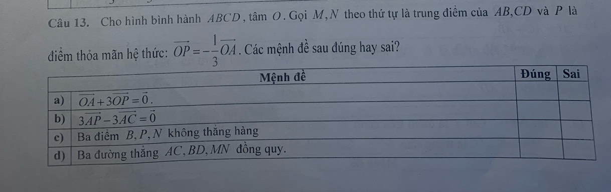 Cho hình bình hành ABCD , tâm O. Gọi M,N theo thứ tự là trung điểm của AB,CD và P là
điểm thỏa mãn hệ thức: vector OP=- 1/3 vector OA. Các mệnh đề sau đúng hay sai?