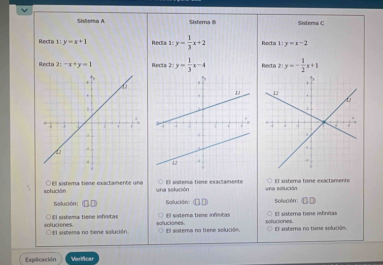 Sistema A Sistema B Sistema C
Recta 1:y=x+1 Recta 1: y= 1/3 x+2 Recta 1:y=x-2
Recta 2: -x+y=1 Recta 2: y= 1/3 x-4 Recta 2:y=- 1/2 x+1

El sistema tiene exactamente una El sistema tiene exactamente El sistema tiene exactamente
solución una solución una solución
Solución: Solución: Solución:
El sistema tiene infinitas El sistema tiene infinitas El sistema tiene infinitas
soluciones. soluciones. soluciones.
El sistema no tiene solución. El sistema no tiene solución. El sistema no tiene solución.
Explicación Verificar