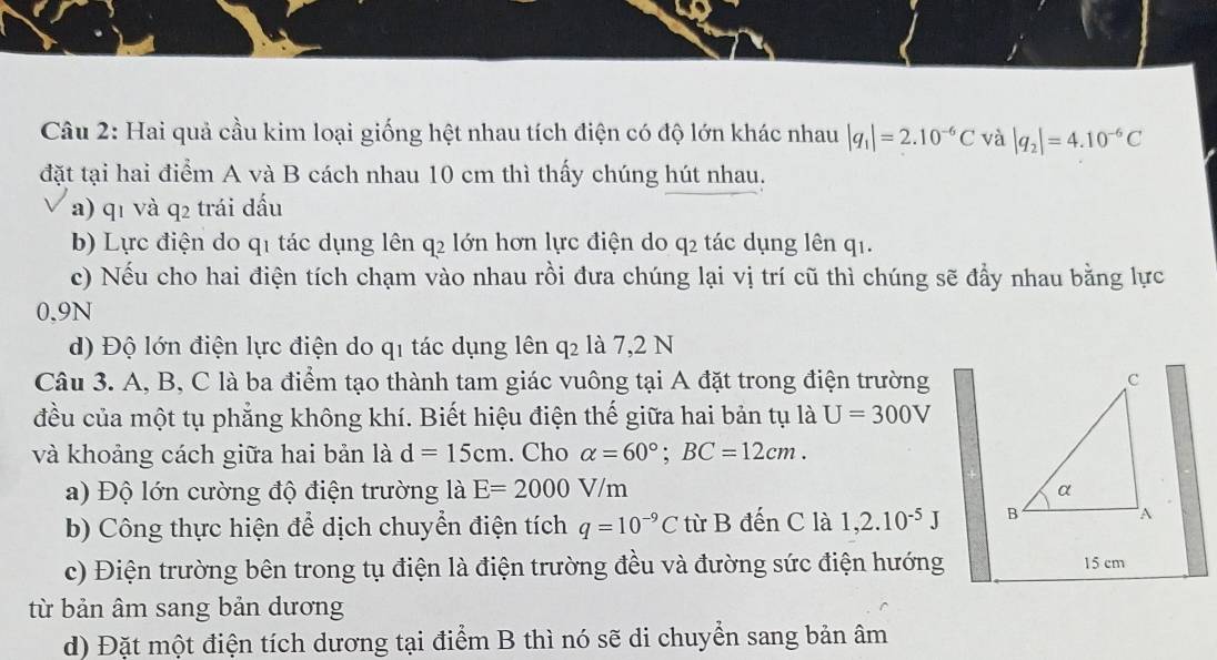 Hai quả cầu kim loại giống hệt nhau tích điện có độ lớn khác nhau |q_1|=2.10^(-6)C và |q_2|=4.10^(-6)C
đặt tại hai điểm A và B cách nhau 10 cm thì thấy chúng hút nhau.
a) q1 và q2 trái đấu
b) Lực điện do q1 tác dụng lên q2 lớn hơn lực điện do q2 tác dụng lên q1.
c) Nếu cho hai điện tích chạm vào nhau rồi đưa chúng lại vị trí cũ thì chúng sẽ đẩy nhau bằng lực
0.9N
d) Độ lớn điện lực điện do q1 tác dụng lên q₂ là 7,2 N
Câu 3. A, B, C là ba điểm tạo thành tam giác vuông tại A đặt trong điện trường
đều của một tụ phẳng không khí. Biết hiệu điện thế giữa hai bản tụ là U=300V
và khoảng cách giữa hai bản là d=15cm. Cho alpha =60°; BC=12cm. 
a) Độ lớn cường độ điện trường là E=2000V/m
b) Công thực hiện để dịch chuyển điện tích q=10^(-9)C từ B đến C là 1,2.10^(-5)J
c) Điện trường bên trong tụ điện là điện trường đều và đường sức điện hướng 15 cm
từ bản âm sang bản dương
d) Đặt một điện tích dương tại điểm B thì nó sẽ di chuyển sang bản âm