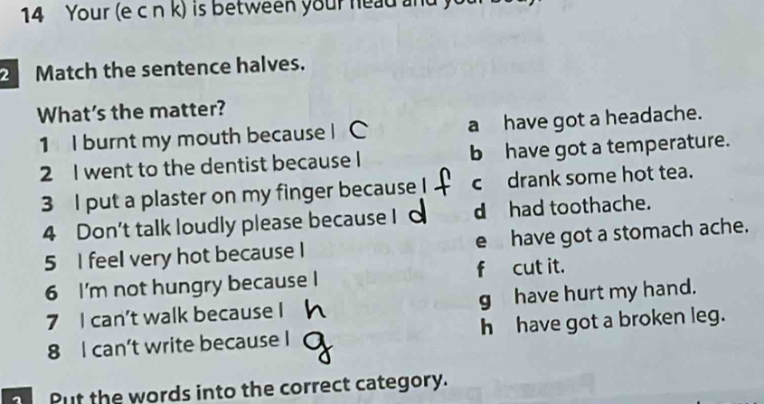 Your (e c n k) is between your head and y
2 Match the sentence halves.
What's the matter?
1 I burnt my mouth because I C a have got a headache.
2 I went to the dentist because I b have got a temperature.
3 I put a plaster on my finger because ! c drank some hot tea.
4 Don’t talk loudly please because I d had toothache.
5 I feel very hot because I e have got a stomach ache.
6 I'm not hungry because fcut it.
7 I can’t walk because I g have hurt my hand.
8 I can’t write because I h have got a broken leg.
Put the words into the correct category.