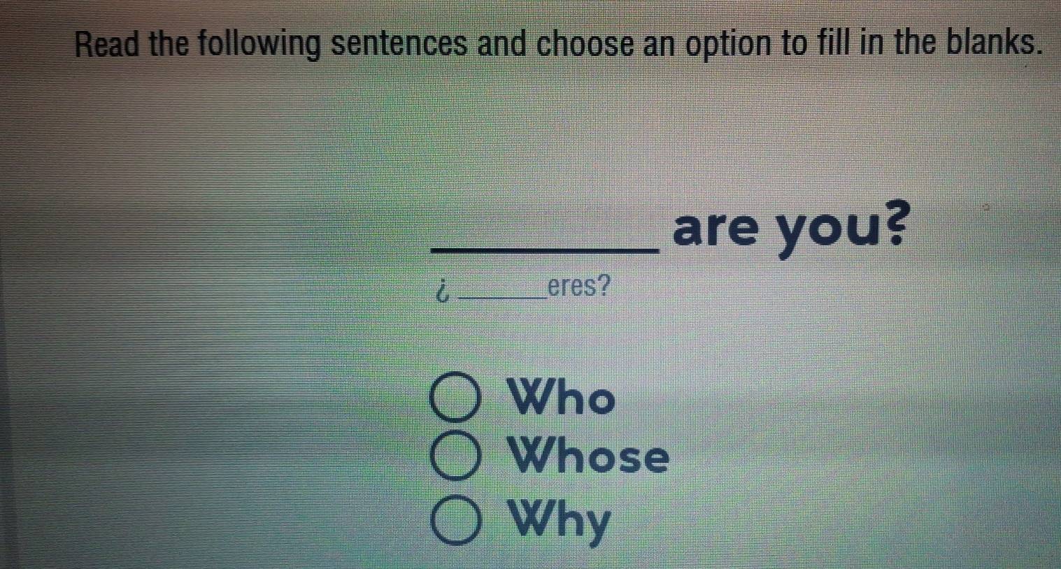 Read the following sentences and choose an option to fill in the blanks. 
_ 
__are you? 
i _eres? 
Who 
Whose 
Why