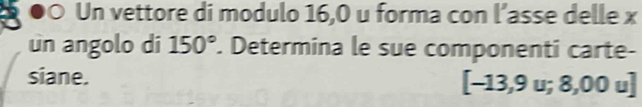 ●○ Un vettore di modulo 16,0 u forma con l’asse delle x
un angolo di 150°. Determina le sue componenti carte- 
siane.
[-13,9u;8,00u]