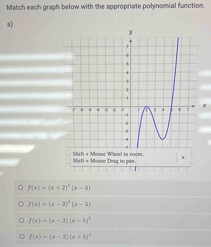 Match each graph below with the appropriate polynomial function.
a)
x
×
Shift + Mouse Drag to pan.
f(x)=(x+2)^2(x-5)
f(x)=(x-2)^2(x-5)
f(x)=(x-2)(x-5)^2
f(x)=(x-2)(x+5)^2