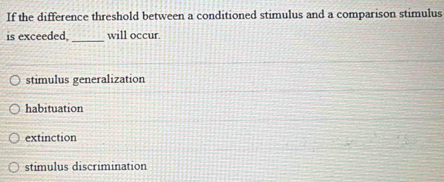 If the difference threshold between a conditioned stimulus and a comparison stimulus
is exceeded, _will occur.
stimulus generalization
habituation
extinction
stimulus discrimination