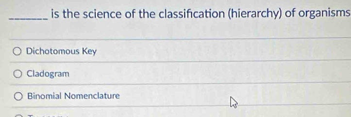 is the science of the classifcation (hierarchy) of organisms
Dichotomous Key
Cladogram
Binomial Nomenclature