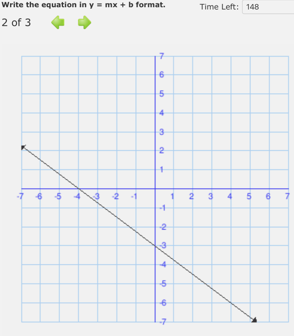 Write the equation in y=mx+b format. Time Left: 148
2 of 3
7
-7