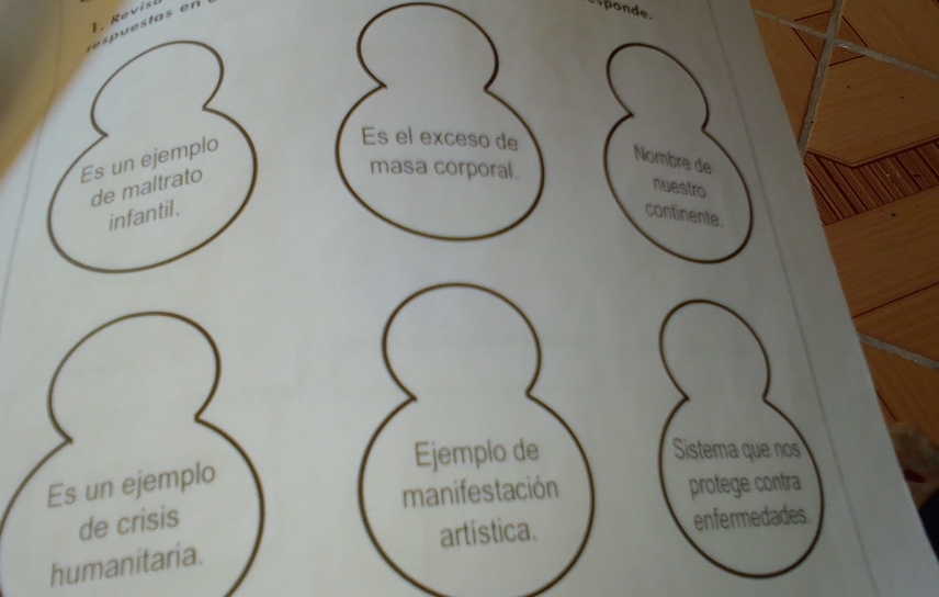 espuestas en 
sponde. 
Es un ejemplo 
Es el exceso de 
Nombre de 
de maltrato 
masa corporal. 
nuestro 
infantil. continente. 
Ejemplo de Sistema que nos 
Es un ejemplo 
manifestación protege contra 
de crisis enfermedades 
artística. 
humanitaria.